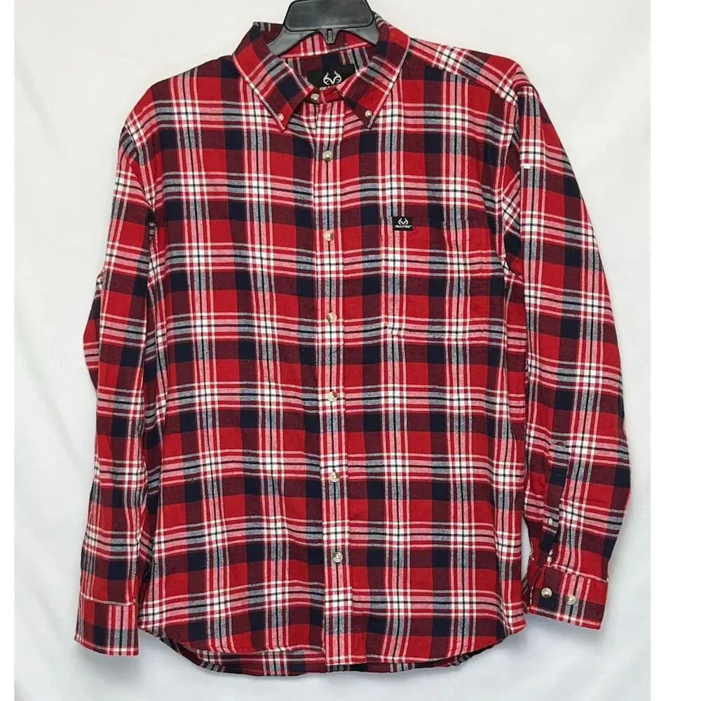 Realtree Staghorn Creek Men’s L Red Black Plaid Long Sleeve Flannel Button Shirt